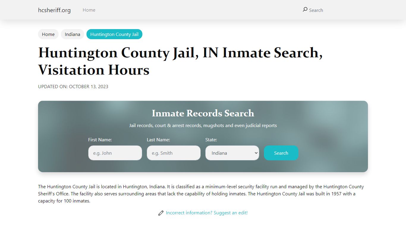 Huntington County Jail, IN Inmate Search, Visitation Hours